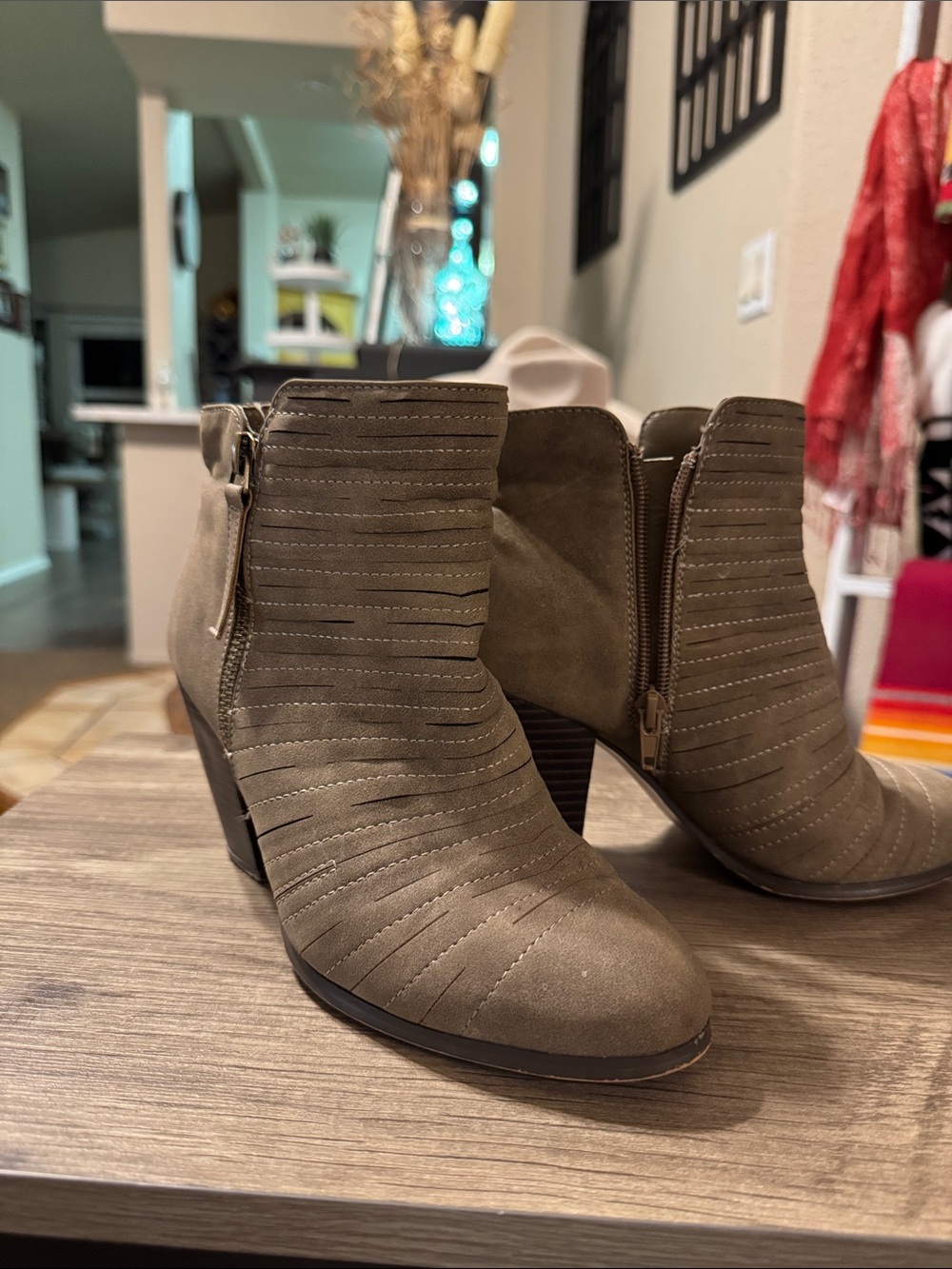 JustFab Olive Suede Fringe Ankle Booties